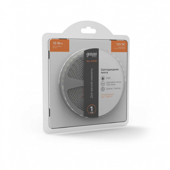 Светодиодная лента Gauss 10W/m 60LED/m 5050SMD теплый белый 3M BT050