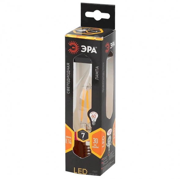 Лампа светодиодная филаментная ЭРА E14 7W 2700K прозрачная F-LED BXS-7W-827-E14 Б0027944