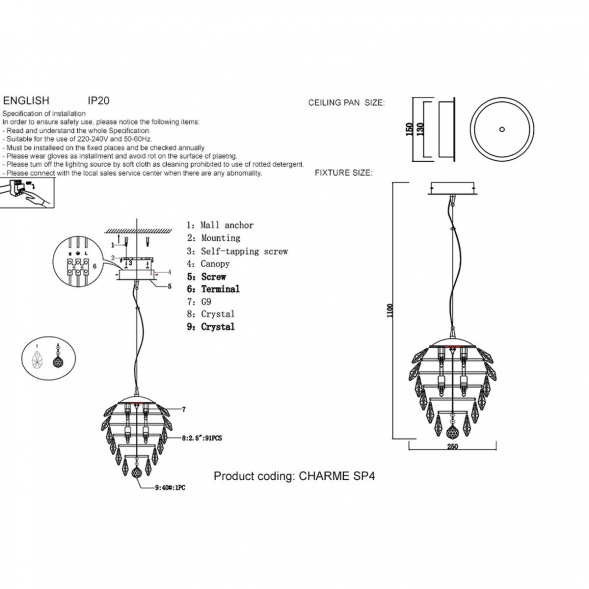 Подвесной светильник Crystal Lux Charme SP4 Gold/Transparent