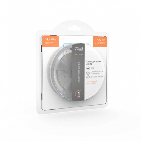 Светодиодная лента Gauss 14,4W/m 120LED/m 2835SMD теплый белый 5M BT084