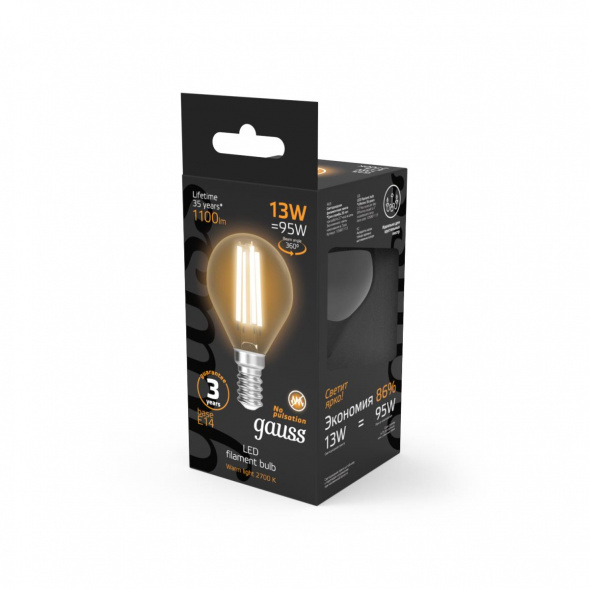 Лампа светодиодная филаментная Gauss E14 13W 2700K прозрачная 105801113