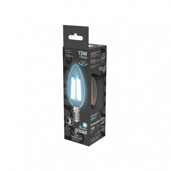 Лампа светодиодная филаментная Gauss E14 13W 4100K прозрачная 103801213