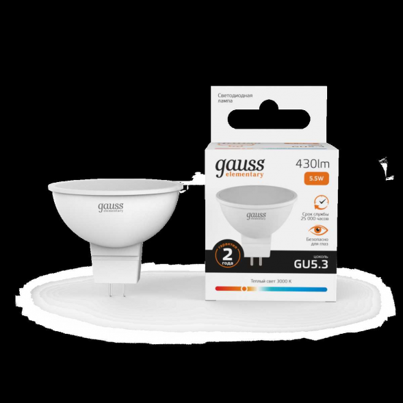 Лампа светодиодная Gauss GU5.3 5.5W 3000K матовая 13516
