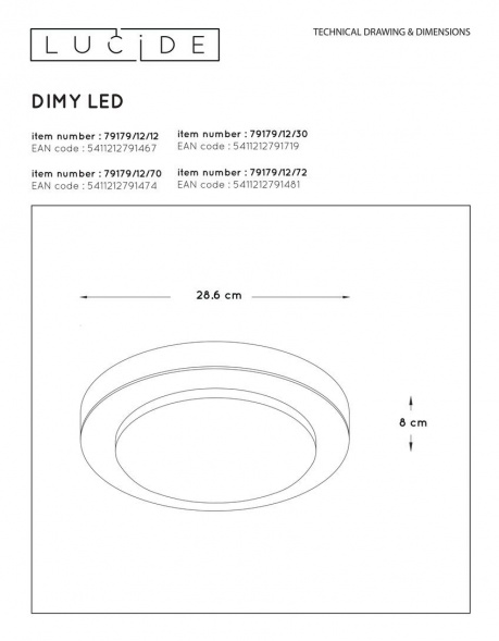 Потолочный светодиодный светильник Lucide Dimy 79179/12/30