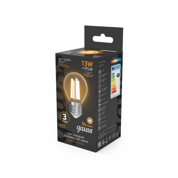 Лампа светодиодная филаментная Gauss E27 13W 2700K прозрачная 105802113