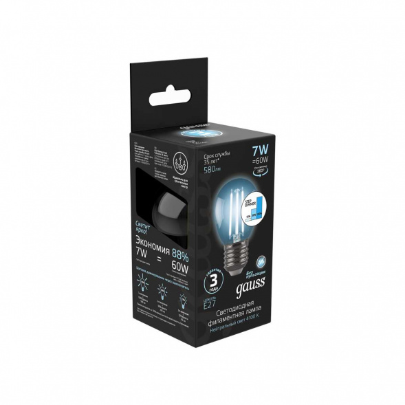 Лампа светодиодная филаментная Gauss E27 7W 4100К прозрачная 105802207