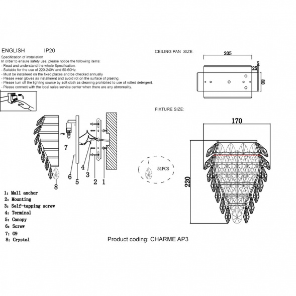 Настенный светильник Crystal Lux Charme AP3 Gold/Transparent