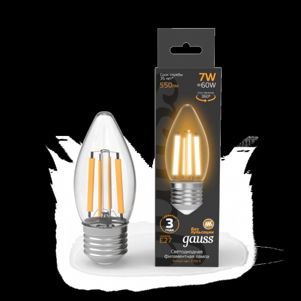 Лампа светодиодная филаментная Gauss E27 7W 2700K прозрачная 103802107
