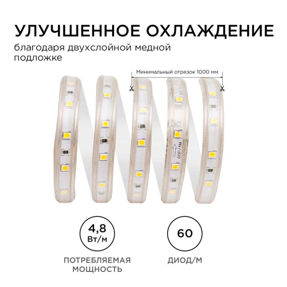 Комплект светодиодной ленты Apeyron 220В 4,8Вт/м smd3528/2835 60д/м IP65 300Лм/м 5м 6000К (сетевой шнур, заглушка, крепежи) 10-04