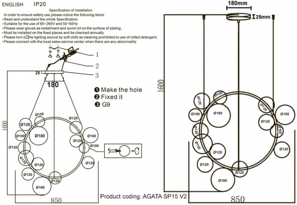Подвесная люстра Crystal Lux Agata SP15 V2 Black/Transparente