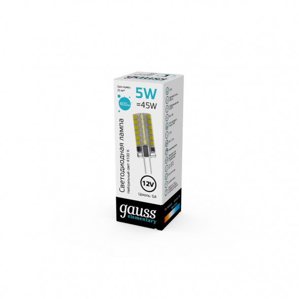 Лампа cветодиодная Gauss G4 5W 4100K прозрачная 18725