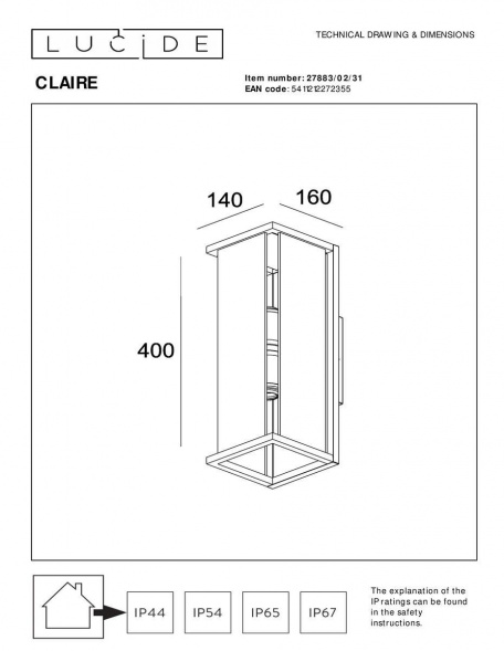 Уличный настенный светильник Lucide Claire 27883/02/31