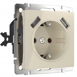 Розетка с заземлением, шторками и USBх2 Werkel слоновая кость W1171503 4690389155833
