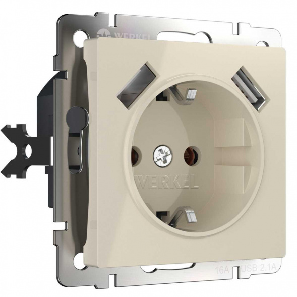 Розетка с заземлением, шторками и USBх2 Werkel слоновая кость W1171503 4690389155833