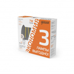 Лампа cветодиодная филаментная Gauss E14 7W 2700K прозрачная 3 шт. 103901107T