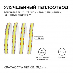 Светодиодная лента Apeyron 14W/m 512LED/m COB холодный белый 2M 197ОО