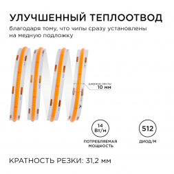 Светодиодная лента Apeyron 14W/m 512LED/m COB розовый 2M 205ОО