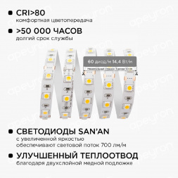 Светодиодная лента Apeyron 14,4W/m 60LED/m 5050SMD теплый белый 1M 10-68