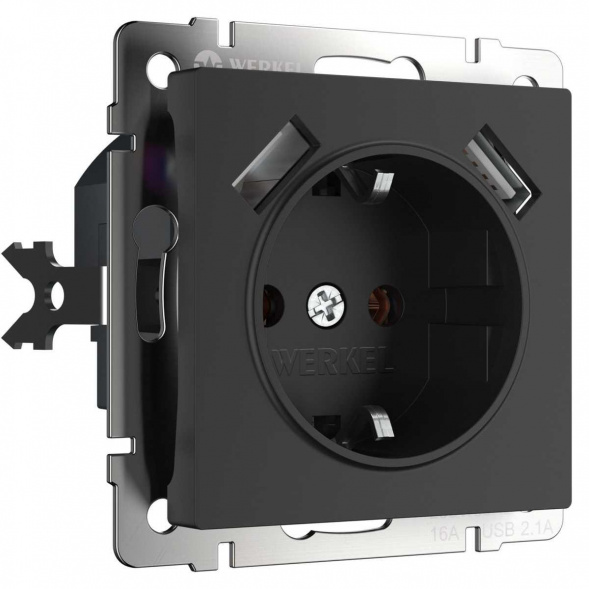 Розетка Werkel с заземлением, шторками и USBх2 черный матовый W1171508 4690389156915